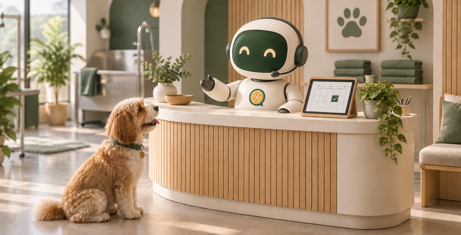 A bright grooming salon: the Limona receptionist greeting a doodle at the front desk